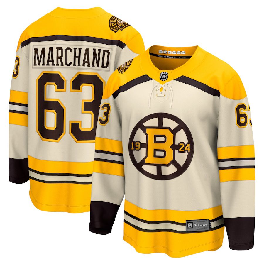 Men Boston Bruins #63 Brad Marchand Fanatics Branded Cream 100th Anniversary Premier Breakaway Player NHL Jersey